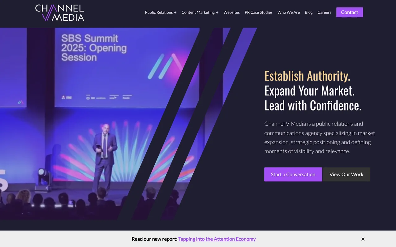 Channel V Media homepage screenshot, B2B technology PR and thought leadership