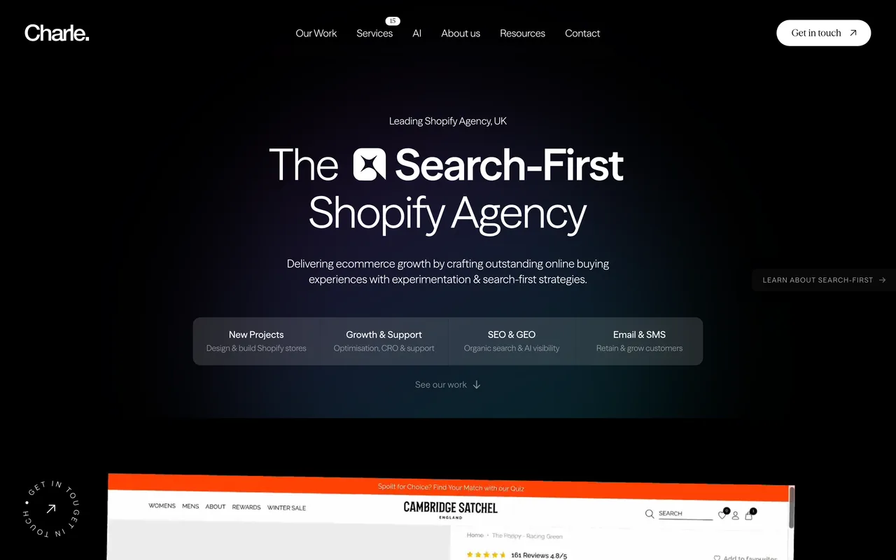 Charle homepage screenshot, Shopify and Shopify Plus SEO