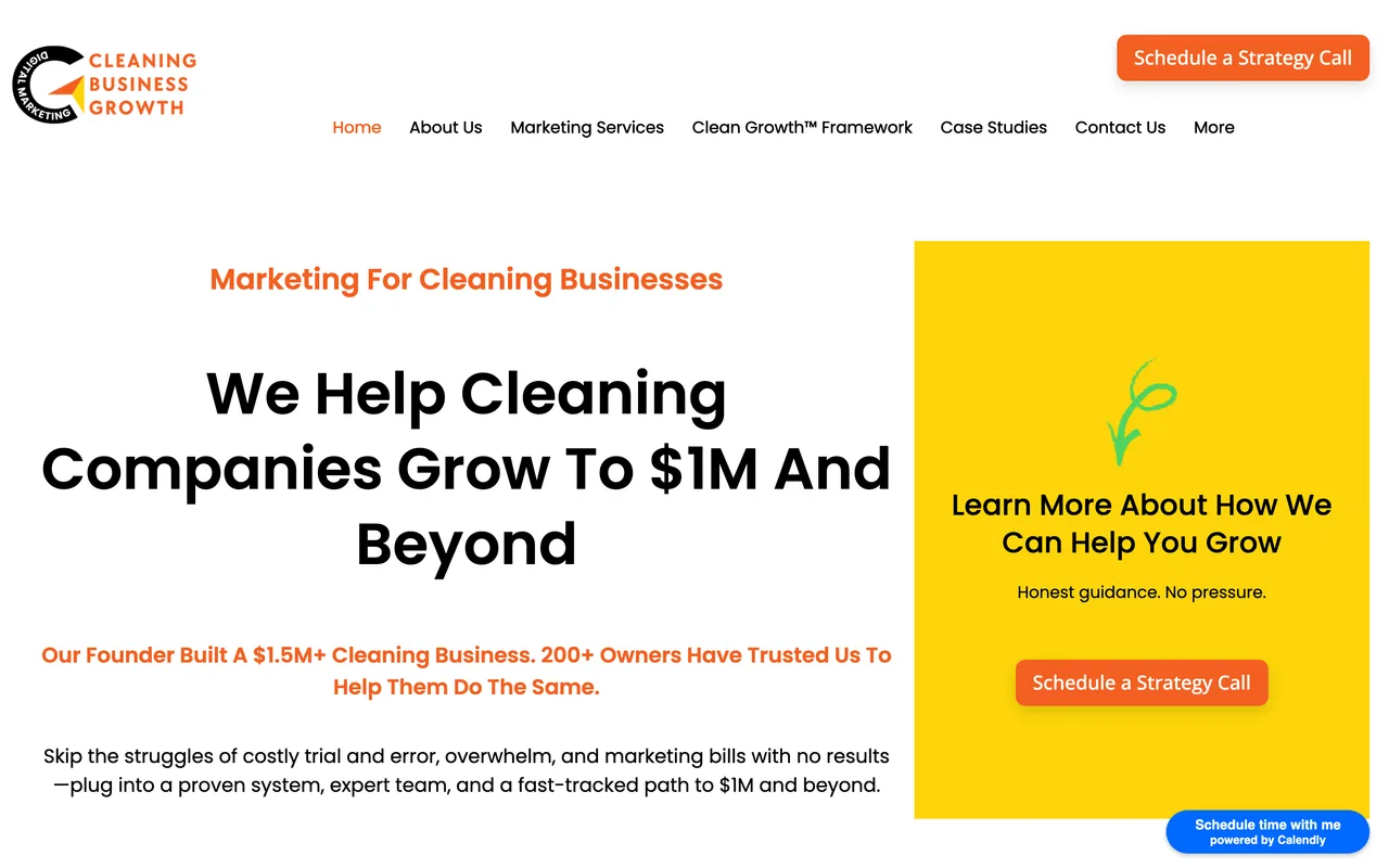 Cleaning Business Growth homepage screenshot, Growth marketing for residential cleaning companies
