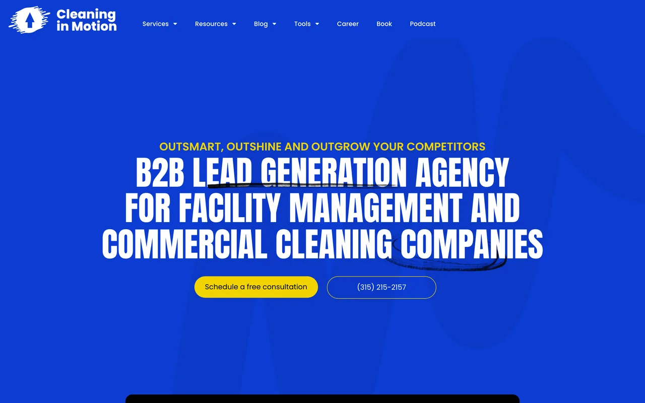 Cleaning in Motion homepage screenshot, B2B SEO and lead generation for commercial cleaning and facility management