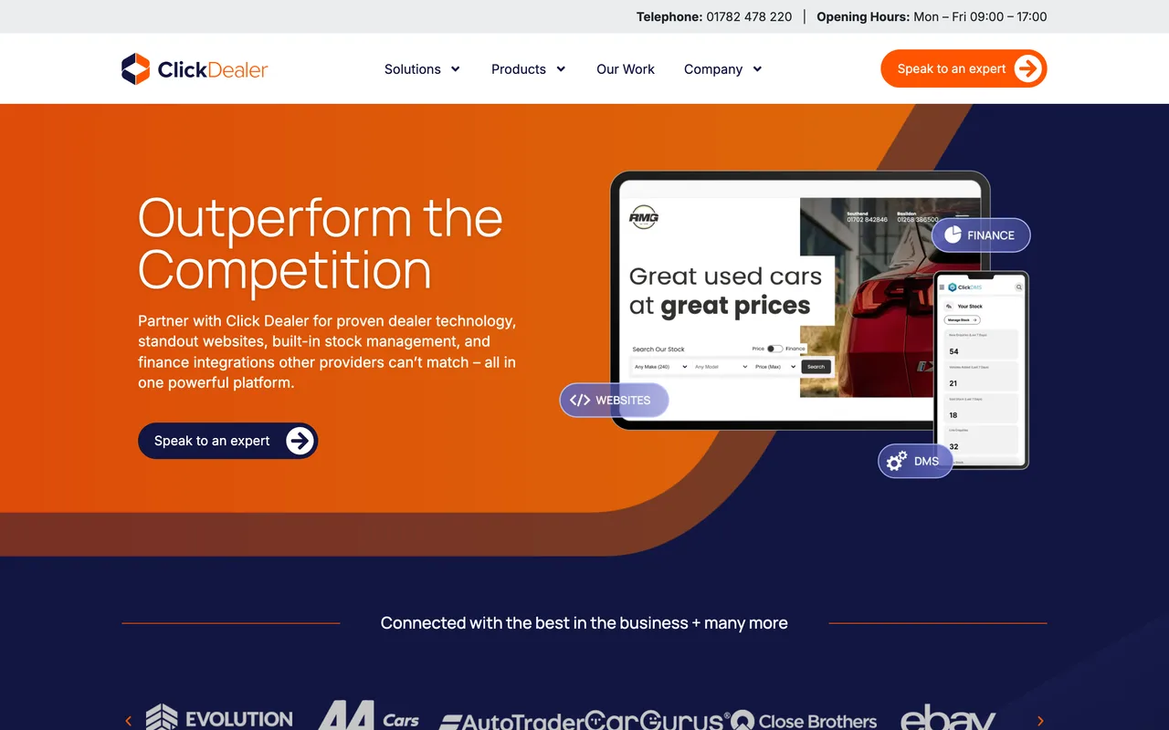 Click Dealer homepage screenshot, Automotive technology and marketing for UK motor dealers