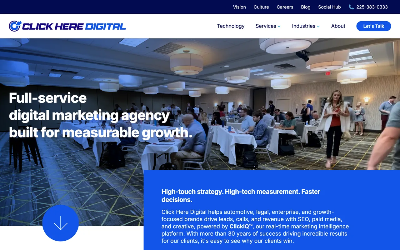 Click Here Digital homepage screenshot, Automotive digital marketing, SEO and paid media