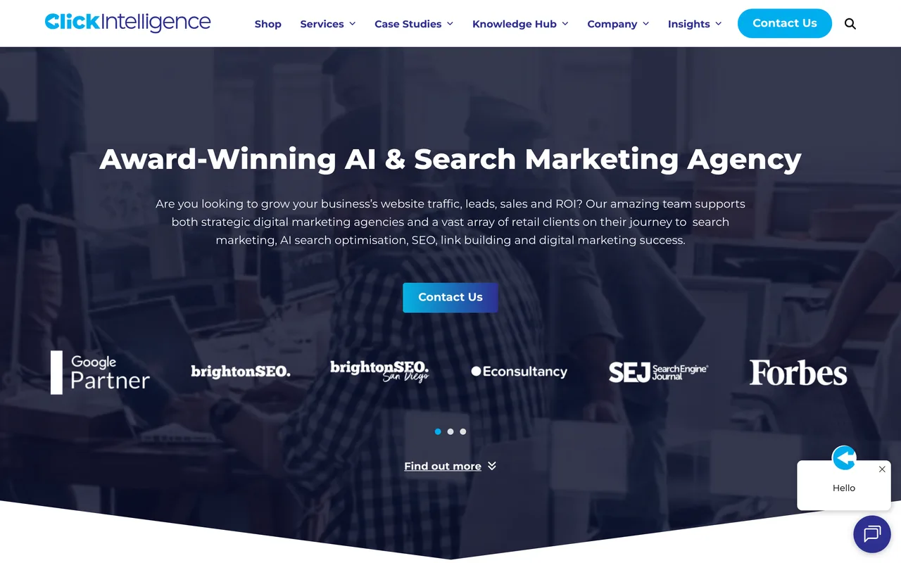 Click Intelligence homepage screenshot, Search marketing and ecommerce link building
