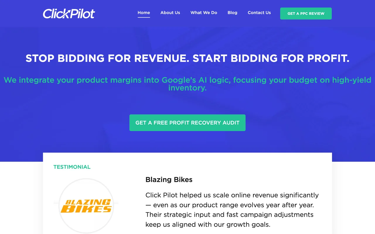 Click Pilot homepage screenshot, Profit-focused Google Shopping and product feed optimisation