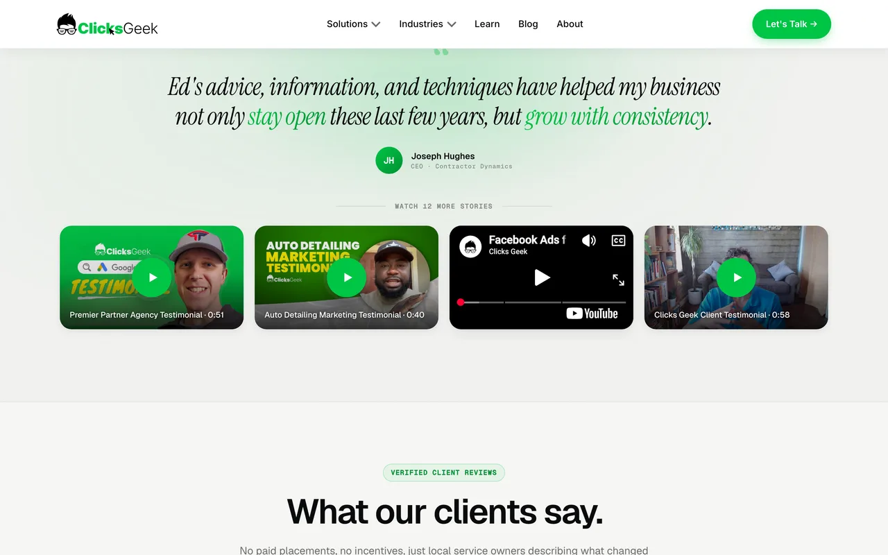 ClicksGeek homepage screenshot, Lead-gen PPC for local service businesses