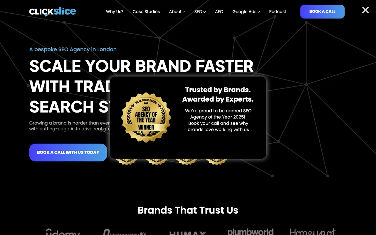ClickSlice homepage screenshot, Fashion and ecommerce SEO