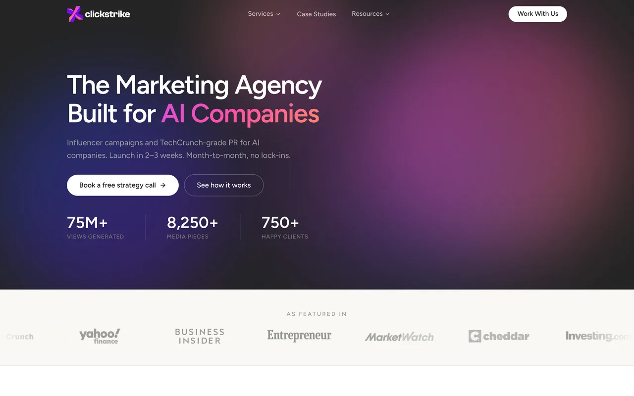 Clickstrike homepage screenshot, SaaS and AI earned media and PR