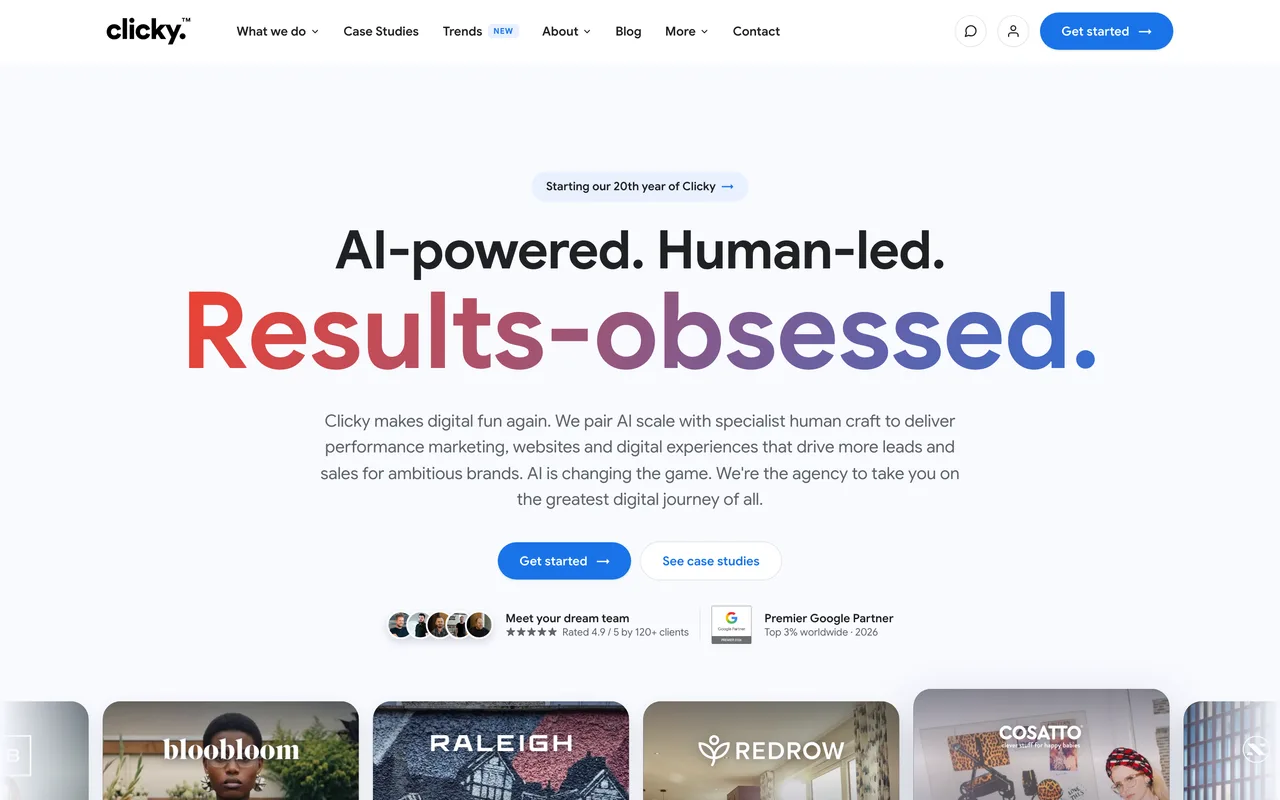 Clicky homepage screenshot, Digital marketing with paid media focus