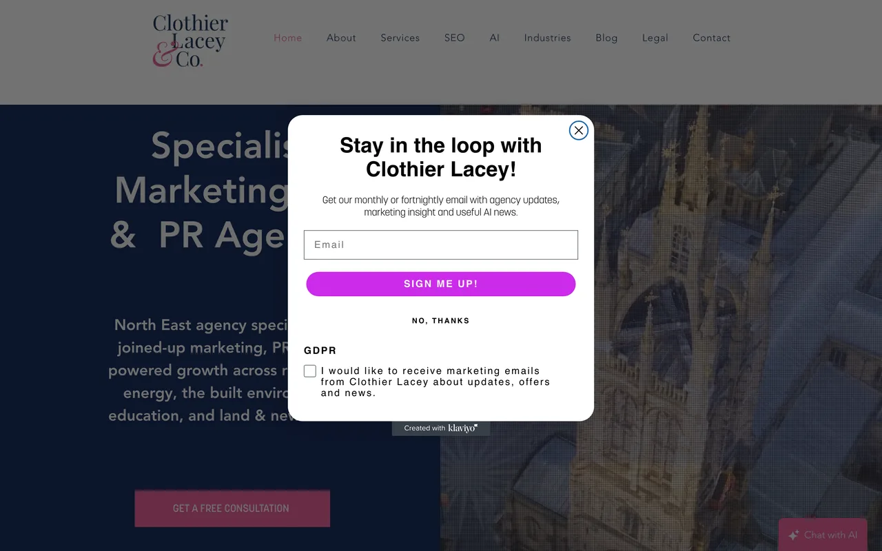 Clothier Lacey & Co homepage screenshot, B2B marketing, PR and SEO