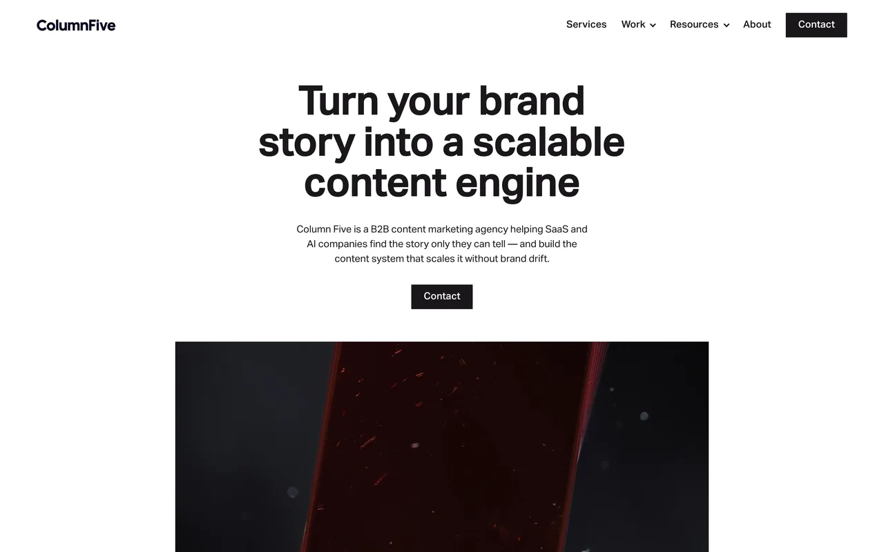 Column Five homepage screenshot, B2B content marketing and brand storytelling for SaaS, AI and cybersecurity