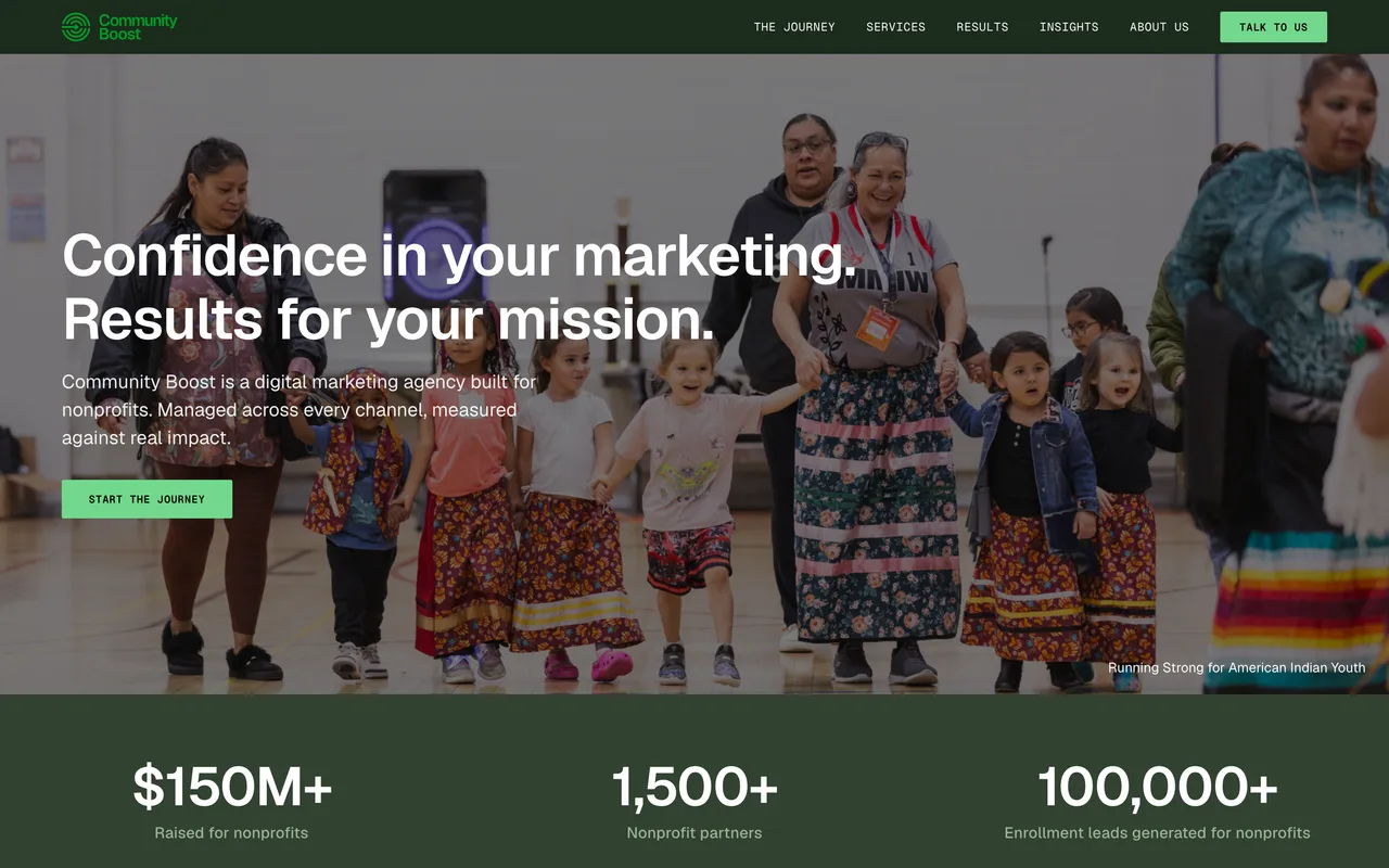 Community Boost homepage screenshot, Digital marketing built exclusively for nonprofits