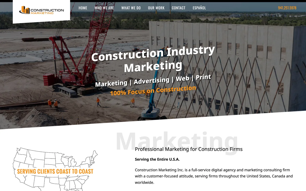 Construction Marketing Inc. homepage screenshot, Full-service marketing focused entirely on construction