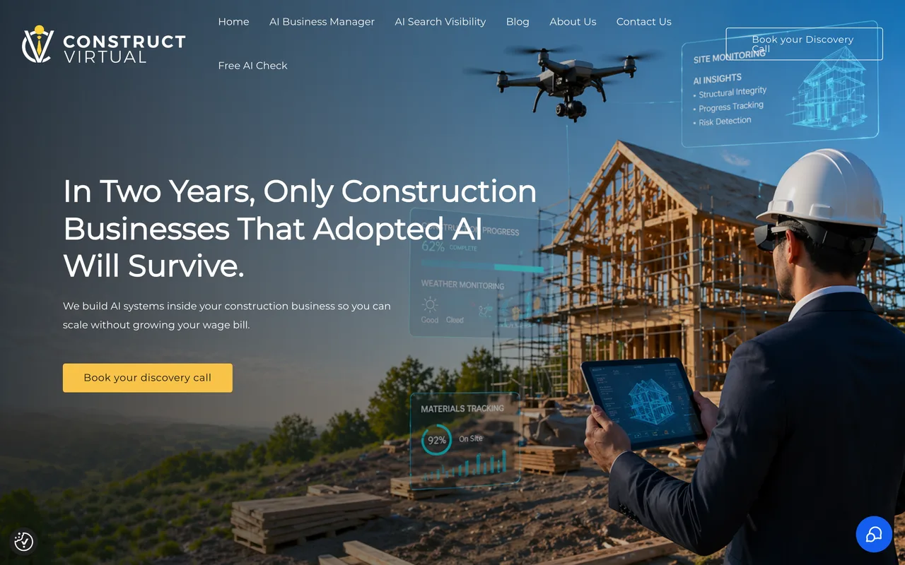Construct Virtual homepage screenshot, AI search visibility and marketing for construction
