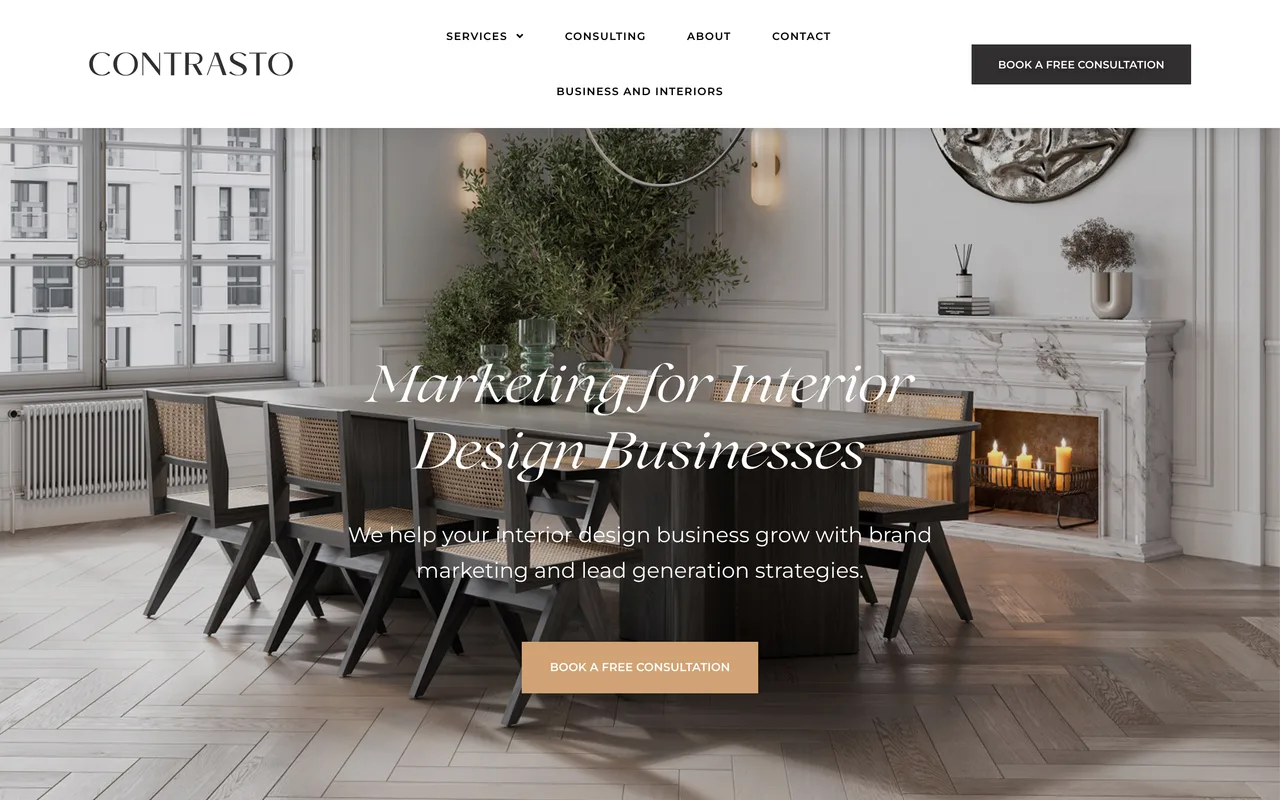 Contrasto homepage screenshot, Interior design brand marketing, SEO and lead generation