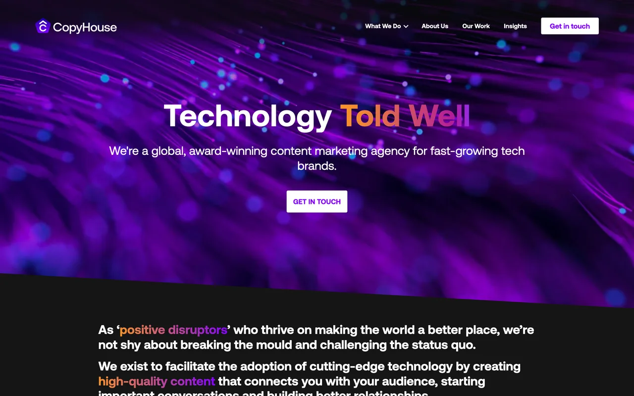 CopyHouse homepage screenshot, Technology content marketing