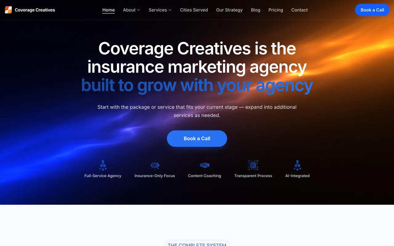 Coverage Creatives homepage screenshot, SEO and full-channel marketing exclusively for insurance agencies