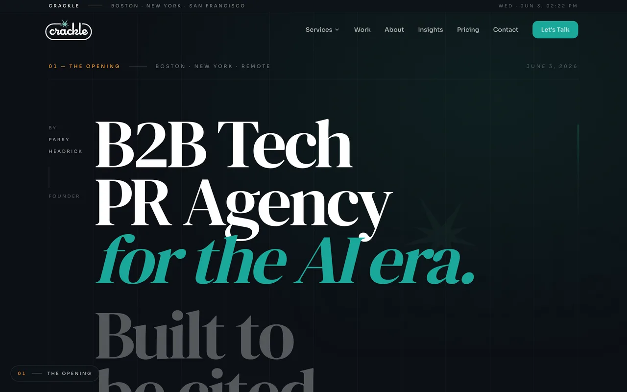 Crackle PR homepage screenshot, Earned media and GEO for VC-backed B2B tech