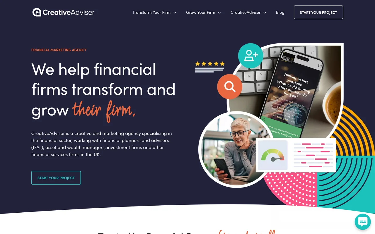 CreativeAdviser homepage screenshot, Creative and SEO marketing for the financial sector