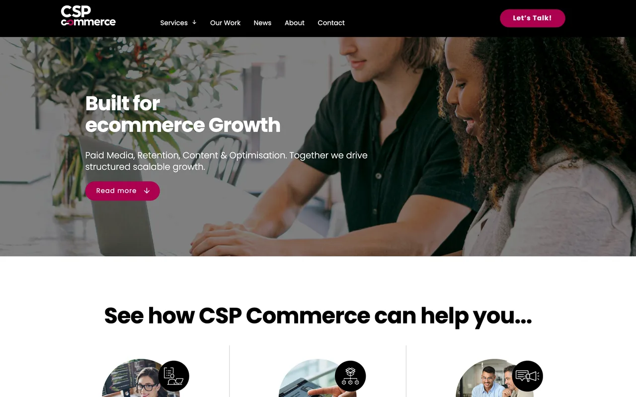 CSP Commerce homepage screenshot, Ecommerce Google Shopping and Performance Max