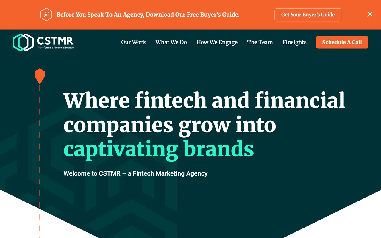 CSTMR homepage screenshot, Fintech and financial services marketing
