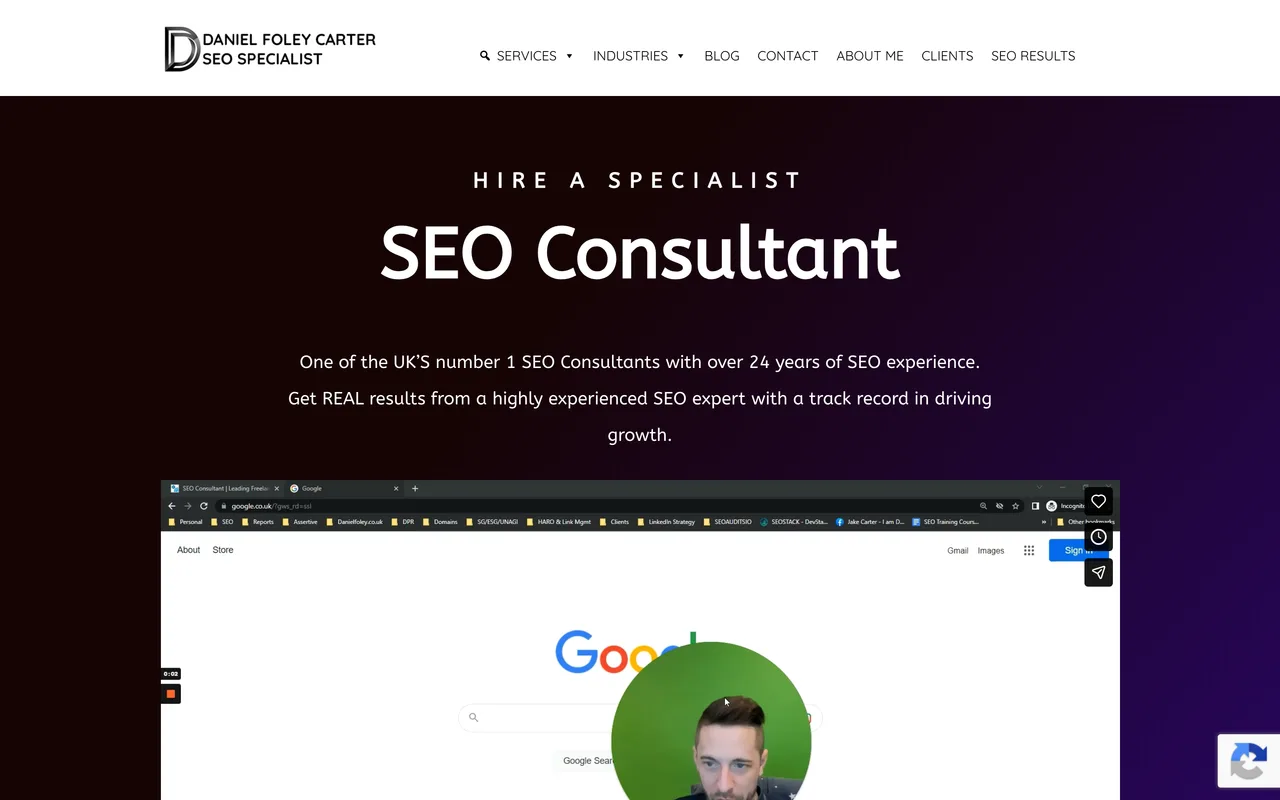 Daniel Foley Carter homepage screenshot, Freelance SEO consultancy across competitive sectors
