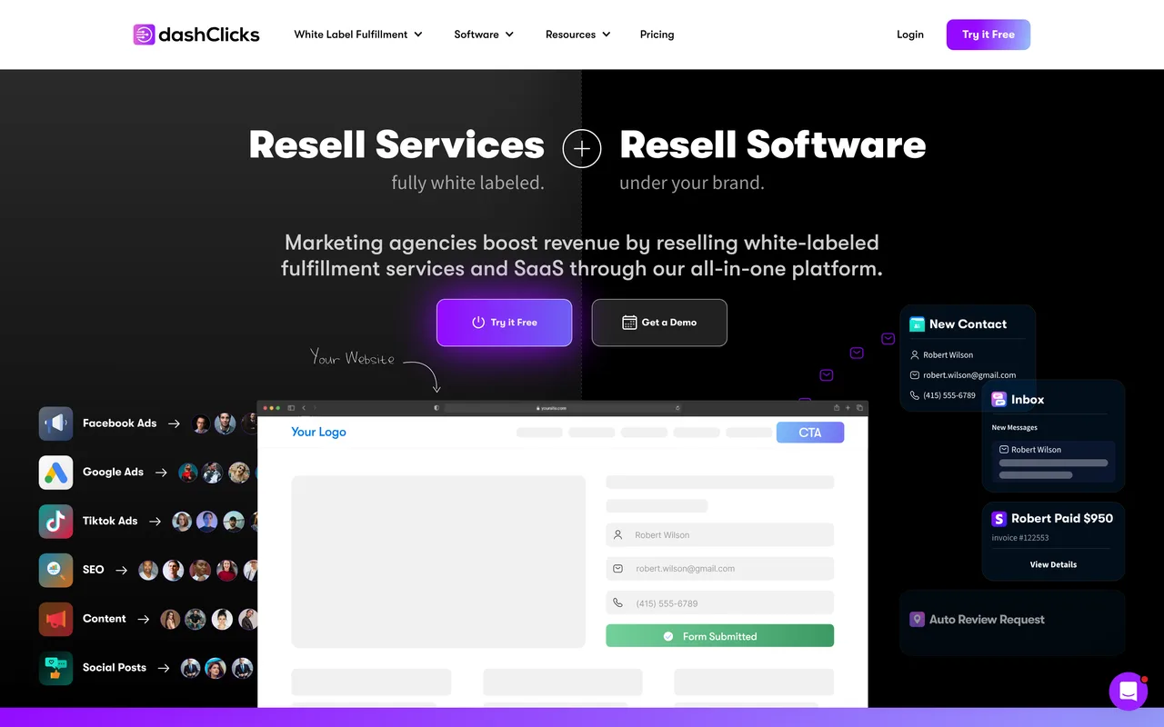 DashClicks homepage screenshot, White-label fulfilment plus agency software platform