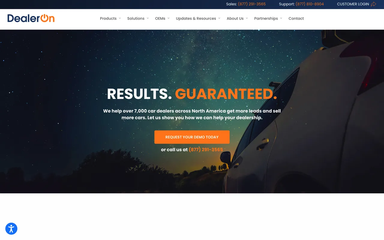 DealerOn homepage screenshot, Dealership websites, SEO and digital advertising