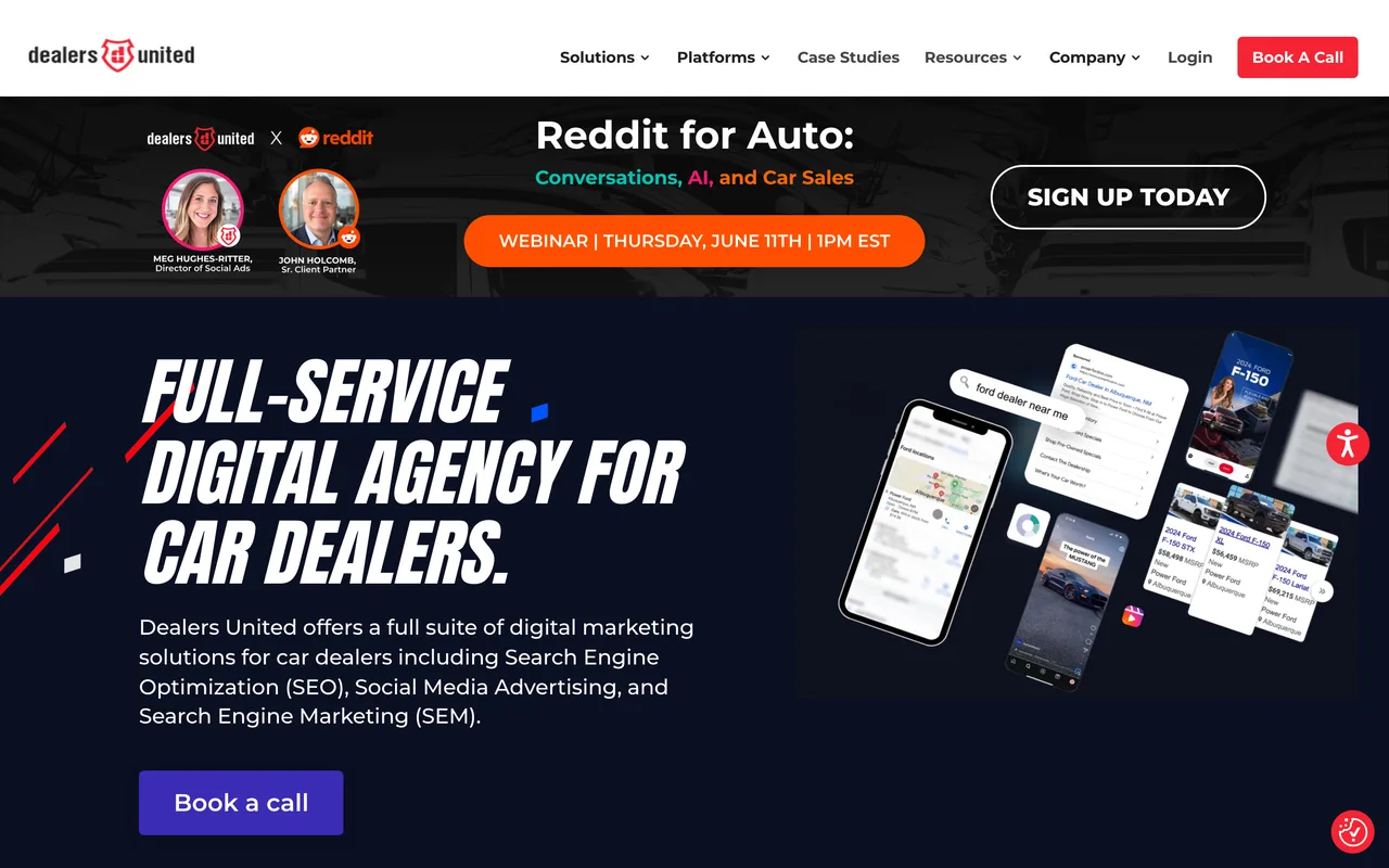 Dealers United homepage screenshot, Full-service digital marketing for car dealerships