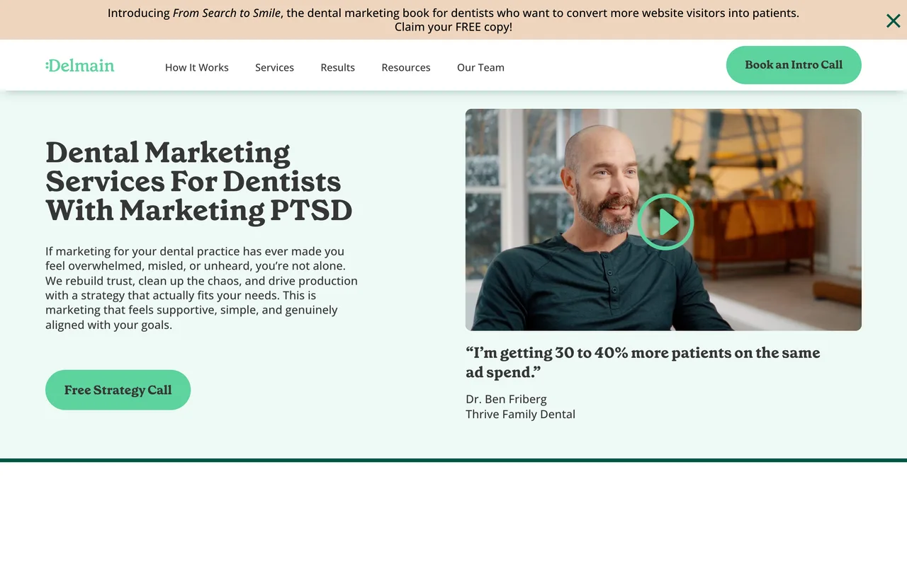Delmain homepage screenshot, SEO and digital marketing exclusively for dentists