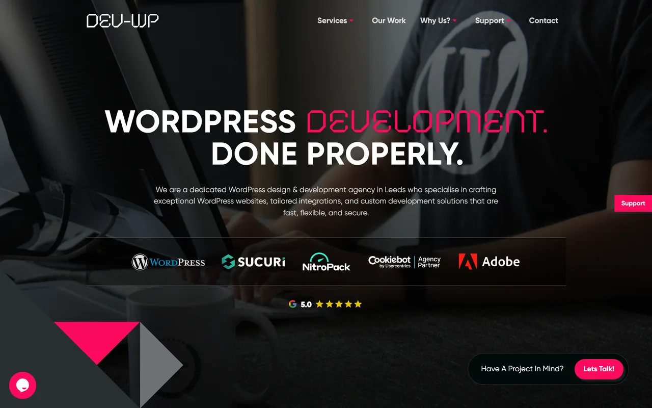 Dev-WP homepage screenshot, WordPress and WooCommerce design, development and SEO