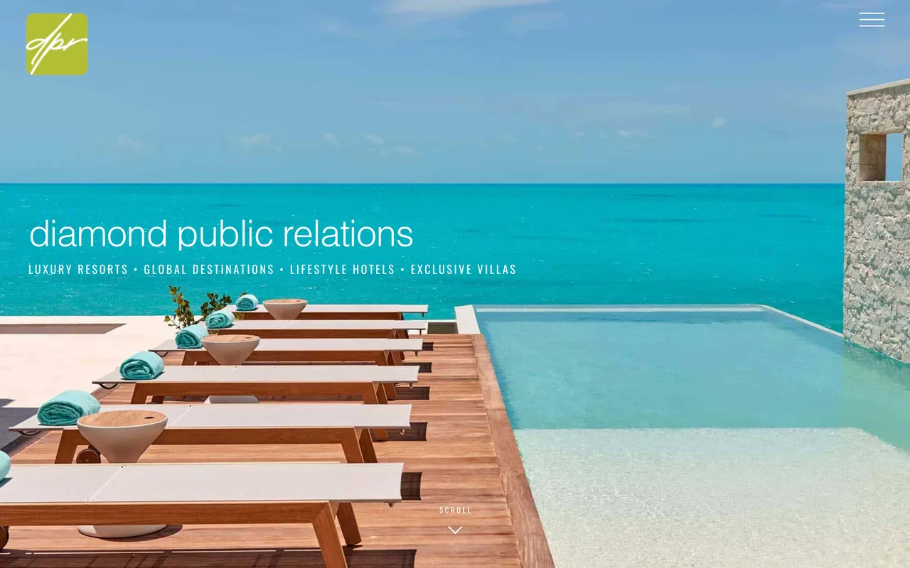 Diamond Public Relations homepage screenshot, Luxury travel PR and earned media