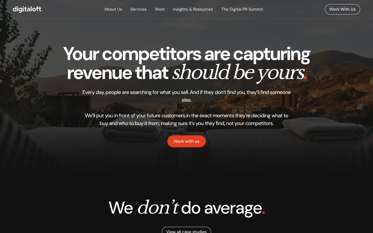 Digitaloft homepage screenshot, Digital PR and link building