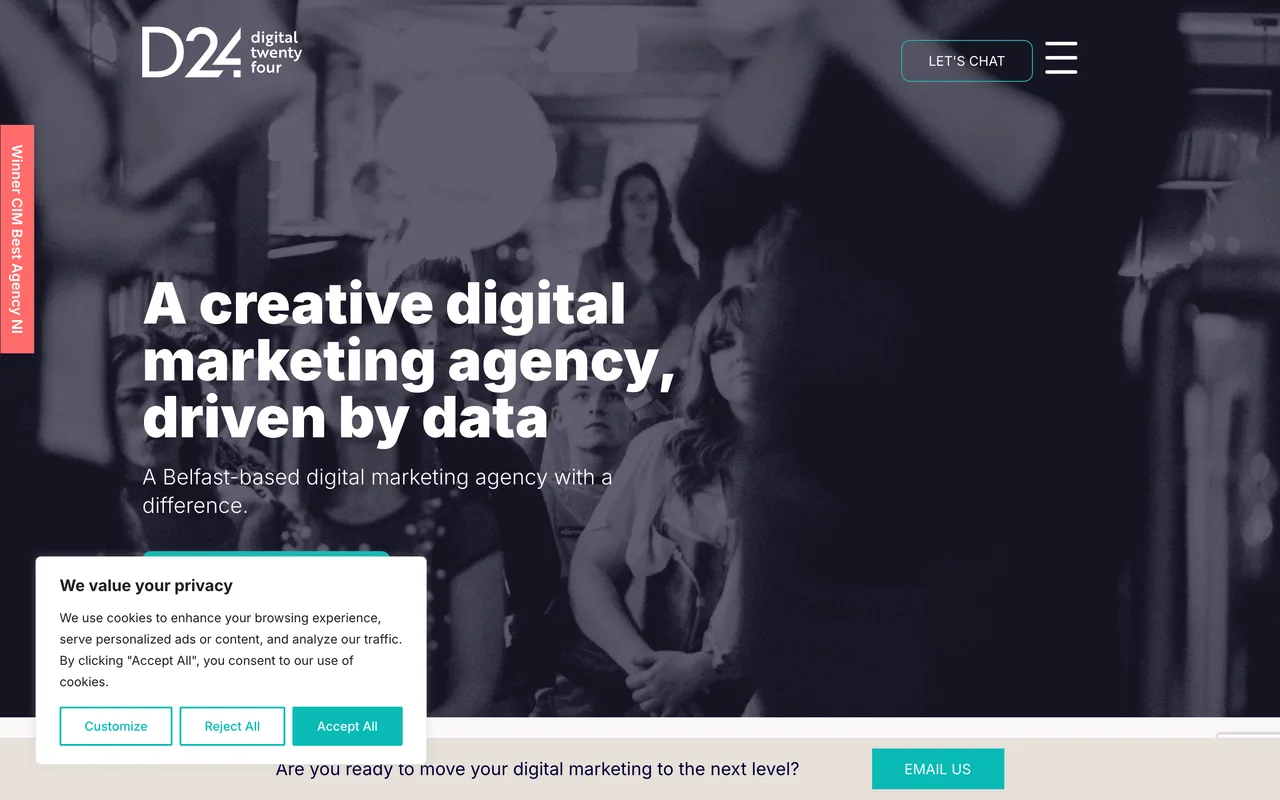 Digital 24 homepage screenshot, Data-led digital marketing, PPC and social