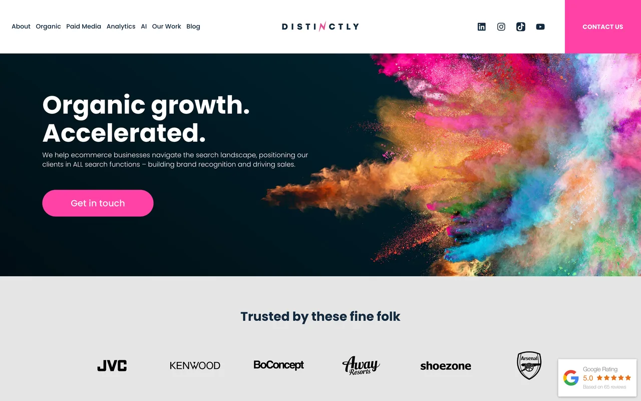 Distinctly homepage screenshot, SEO and digital PR for ecommerce