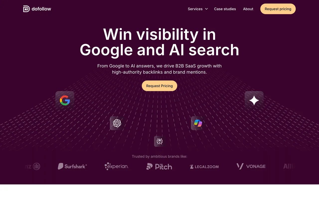 dofollow.com homepage screenshot, B2B SaaS link building and brand mentions