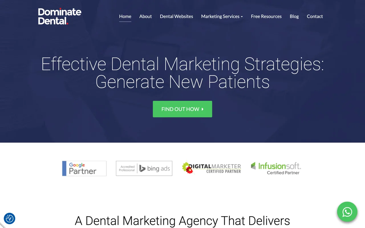 Dominate Dental homepage screenshot, Dental SEO, local search and paid ads