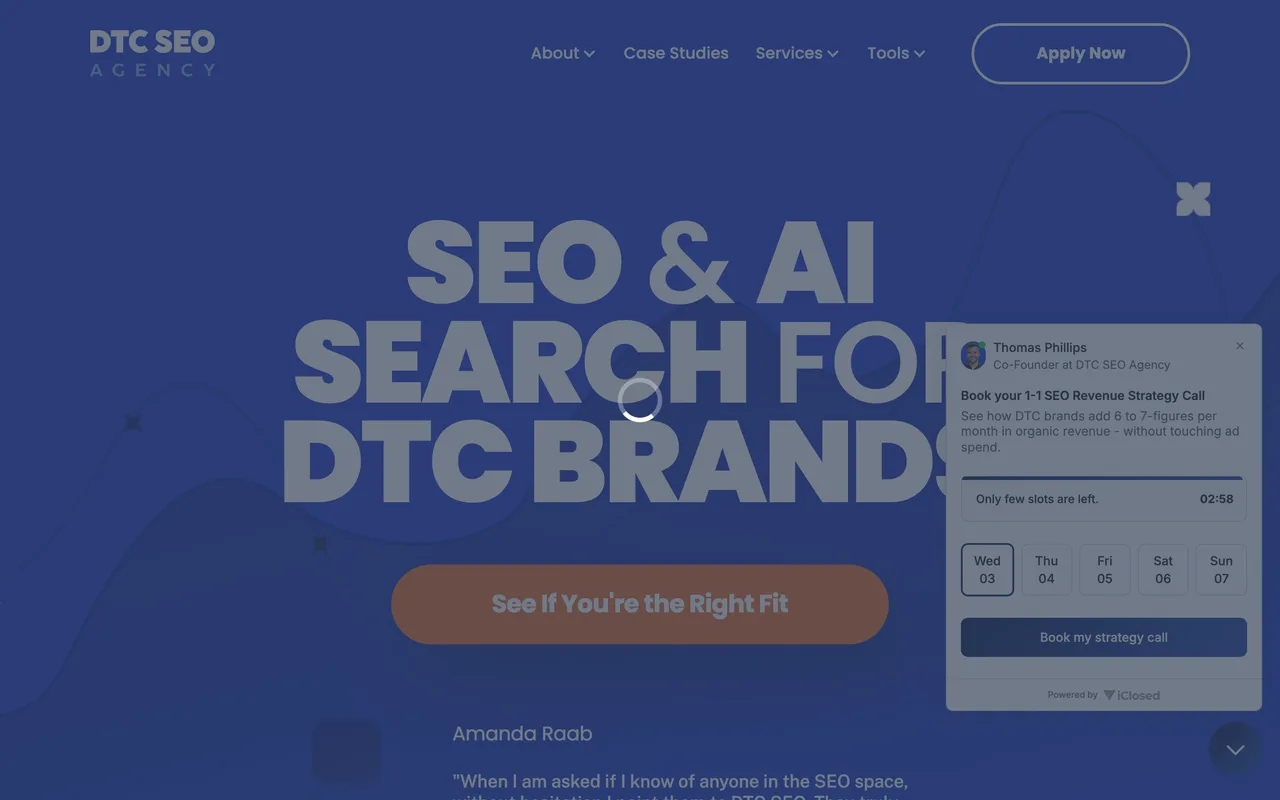 DTC SEO Agency homepage screenshot, Ecommerce and Shopify SEO for DTC brands