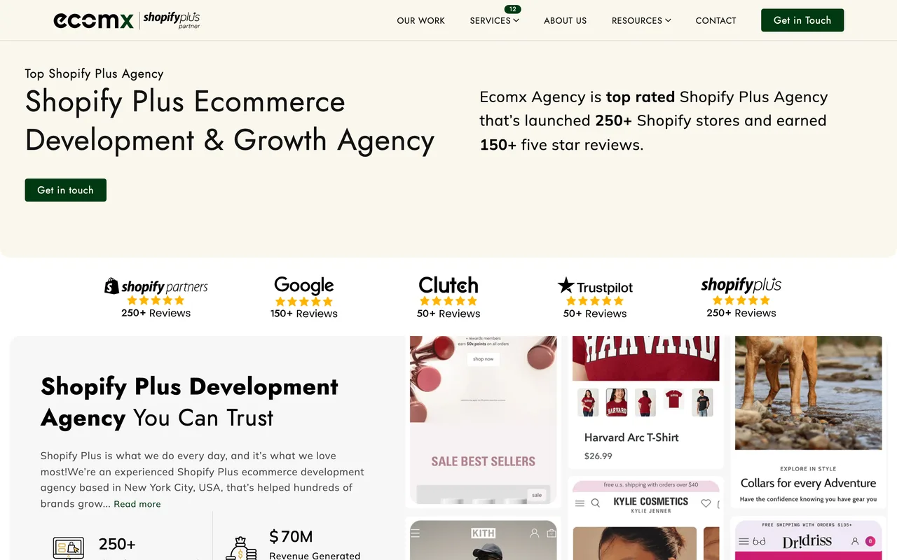 Ecomx Agency homepage screenshot, Shopify Plus development, SEO and CRO