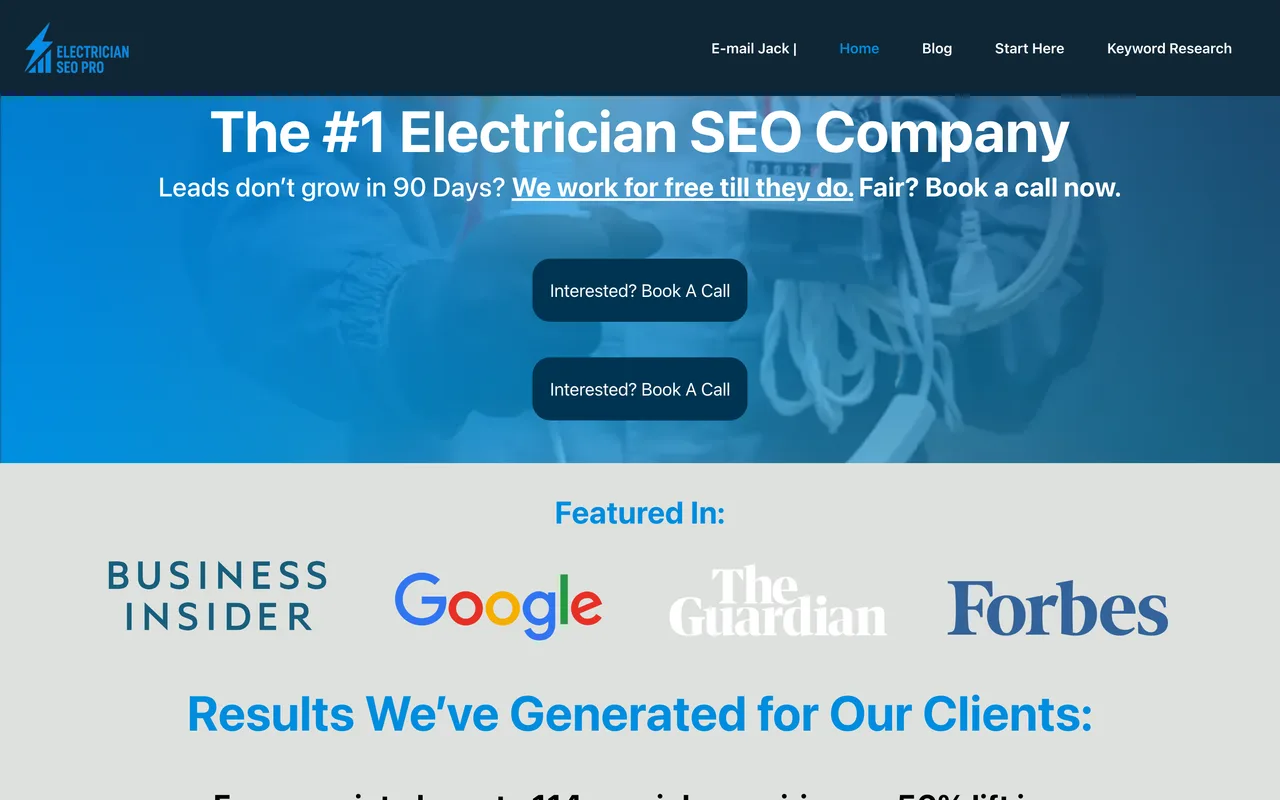 Electrician SEO Pro homepage screenshot, SEO exclusively for electricians