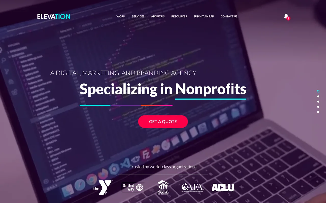Elevation homepage screenshot, Web, branding and marketing specialising in nonprofits