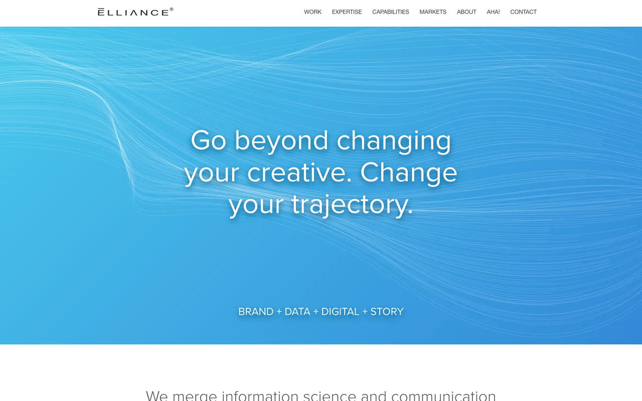Elliance homepage screenshot, Higher education marketing combining brand, data, digital and story