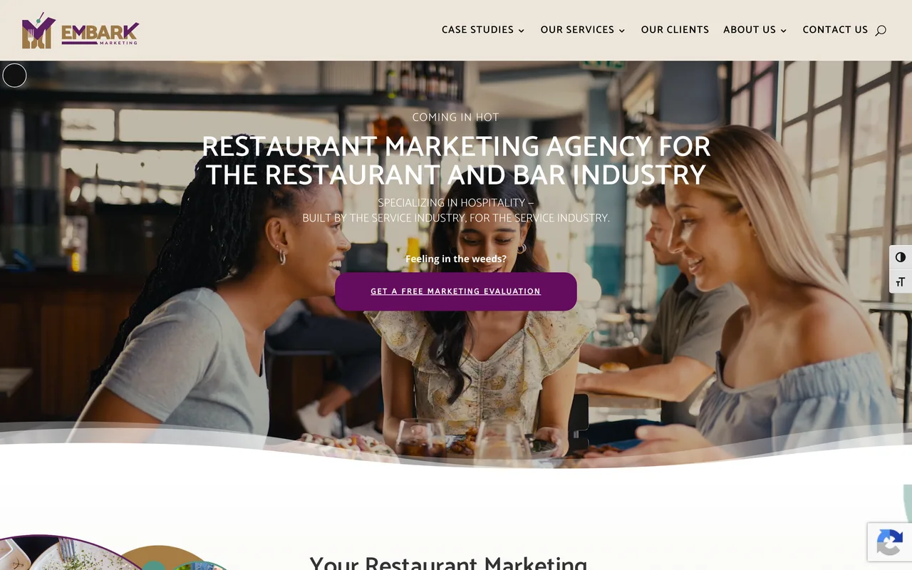 Embark Marketing homepage screenshot, Restaurant and bar hospitality marketing including SEO