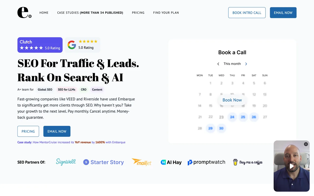 Embarque homepage screenshot, Revenue-driven SEO and content for early-stage SaaS