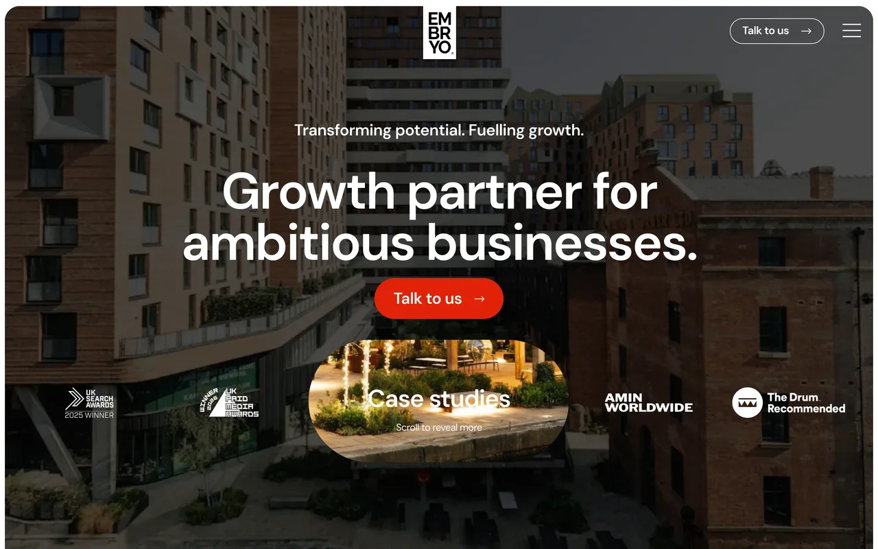 Embryo homepage screenshot, Search-first full-service digital marketing