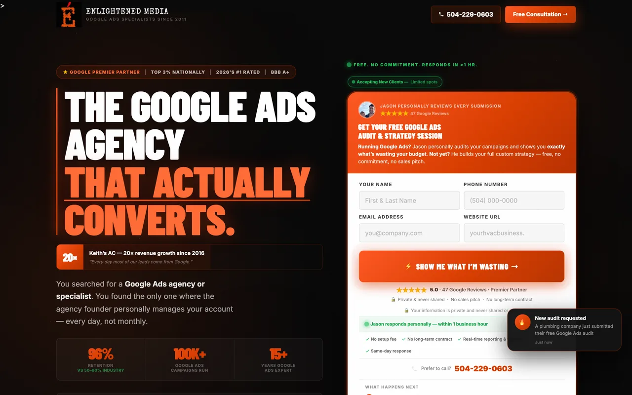 Enlightened Media homepage screenshot, Google Ads management for dentists