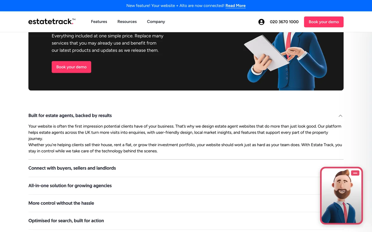 Estate Track homepage screenshot, Lead-generation websites built for estate agents
