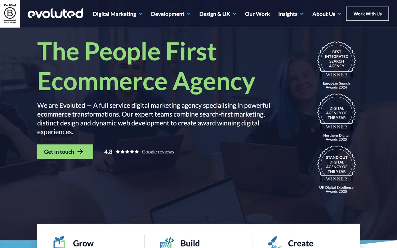 Evoluted homepage screenshot, Ecommerce-focused digital marketing and web