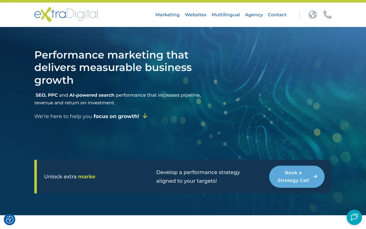 ExtraDigital homepage screenshot, Multilingual SEO across 15 languages
