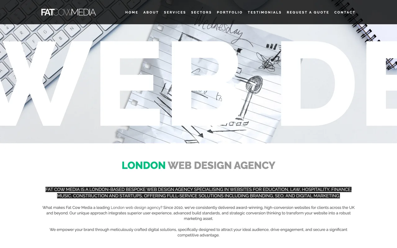 Fat Cow Media homepage screenshot, Bespoke restaurant and hospitality web design