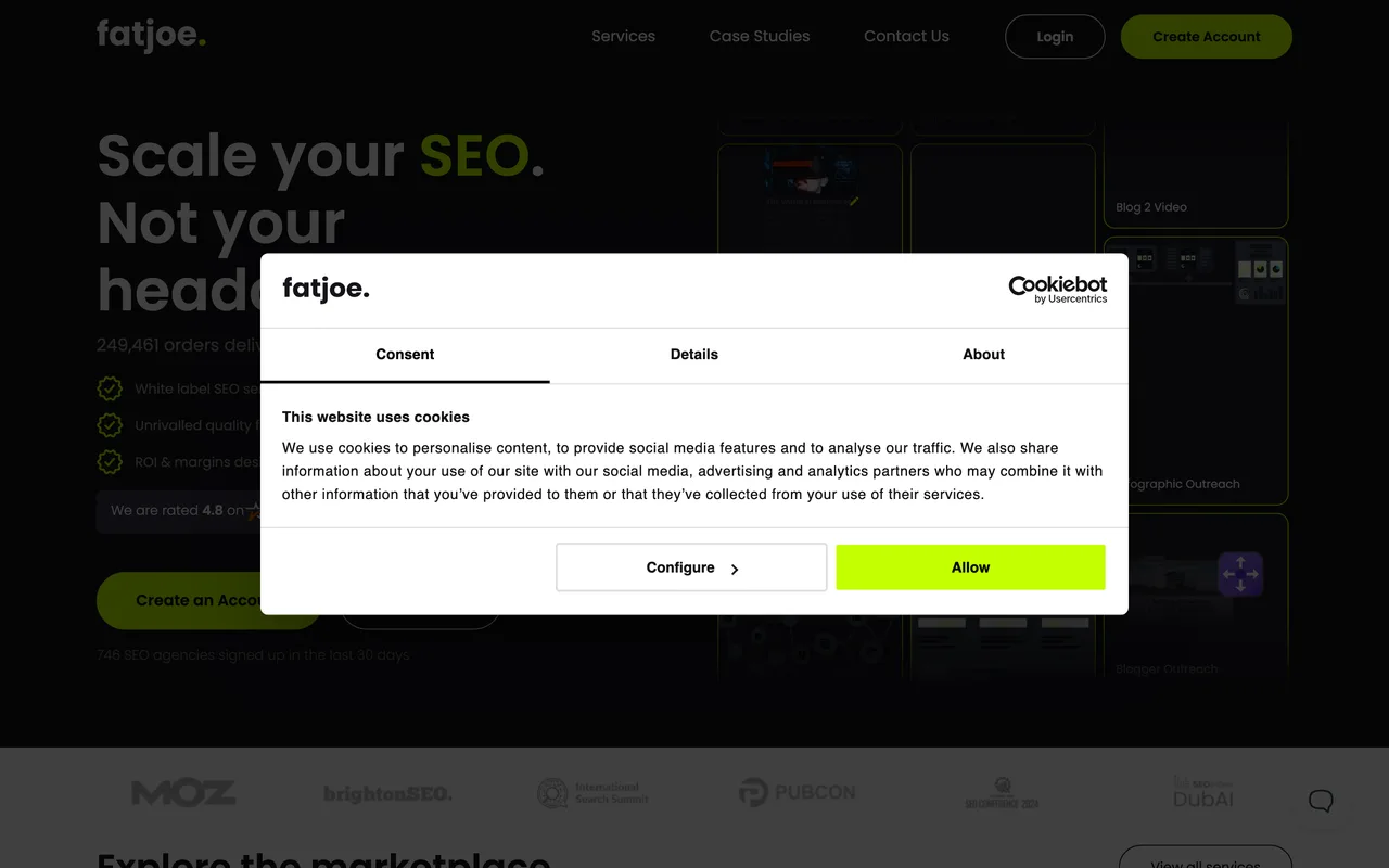 FATJOE homepage screenshot, Link building and content as a productised service